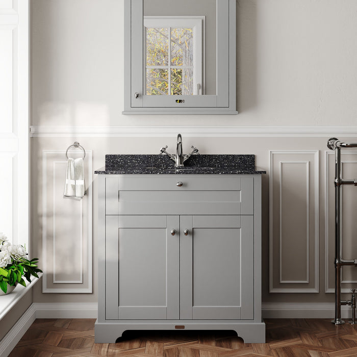 Old London 800mm Storm Grey 2 Door Floor Standing Cabinet With 1 Tap Hole Marble Basin