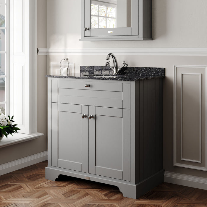 Old London 800mm Storm Grey 2 Door Floor Standing Cabinet With 1 Tap Hole Marble Basin
