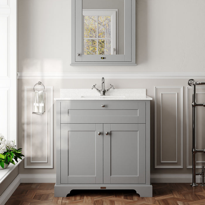 Old London 800mm Storm Grey 2 Door Floor Standing Cabinet With 1 Tap Hole Marble Basin