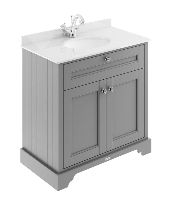 Old London 800mm Storm Grey 2 Door Floor Standing Cabinet With 1 Tap Hole Marble Basin