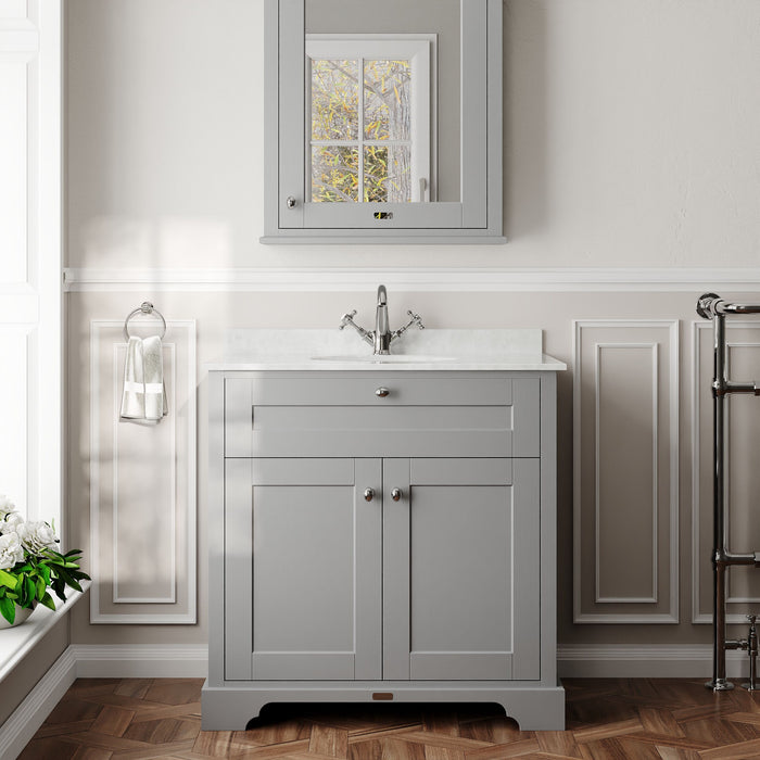 Old London 800mm Storm Grey 2 Door Floor Standing Cabinet With 1 Tap Hole Marble Basin