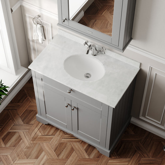 Old London 800mm Storm Grey 2 Door Floor Standing Cabinet With 1 Tap Hole Marble Basin