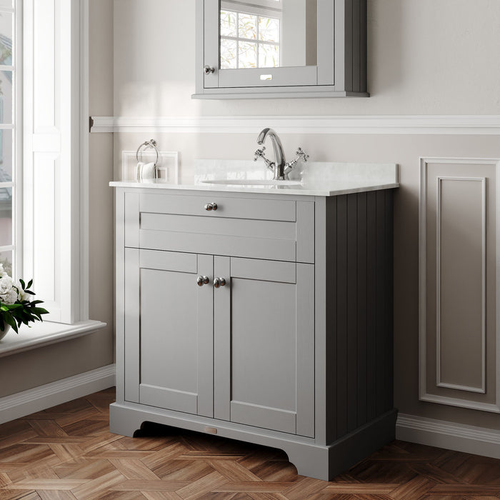 Old London 800mm Storm Grey 2 Door Floor Standing Cabinet With 1 Tap Hole Marble Basin