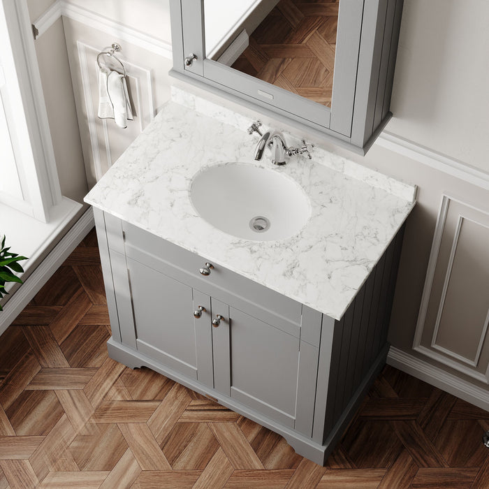 Old London 800mm Storm Grey 2 Door Floor Standing Cabinet With 1 Tap Hole Marble Basin