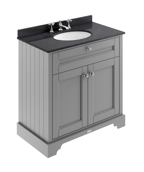 Old London 800mm Storm Grey 2 Door Floor Standing Cabinet With 3 Tap Holes Marble Basin