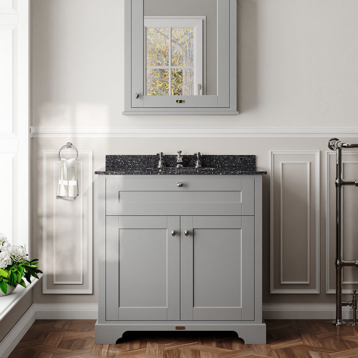Old London 800mm Storm Grey 2 Door Floor Standing Cabinet With 3 Tap Holes Marble Basin