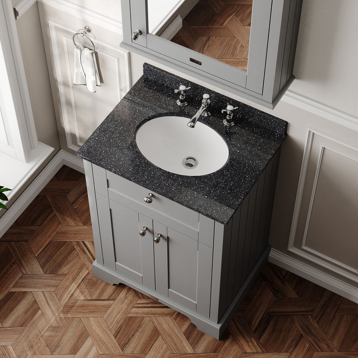 Old London 800mm Storm Grey 2 Door Floor Standing Cabinet With 3 Tap Holes Marble Basin
