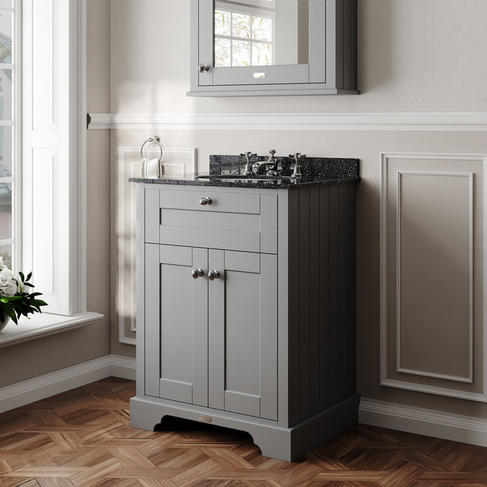 Old London 800mm Storm Grey 2 Door Floor Standing Cabinet With 3 Tap Holes Marble Basin
