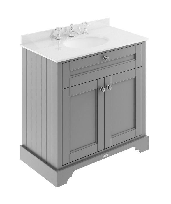 Old London 800mm Storm Grey 2 Door Floor Standing Cabinet With 3 Tap Holes Marble Basin