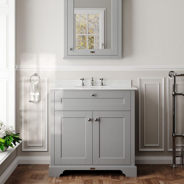 Old London 800mm Storm Grey 2 Door Floor Standing Cabinet With 3 Tap Holes Marble Basin