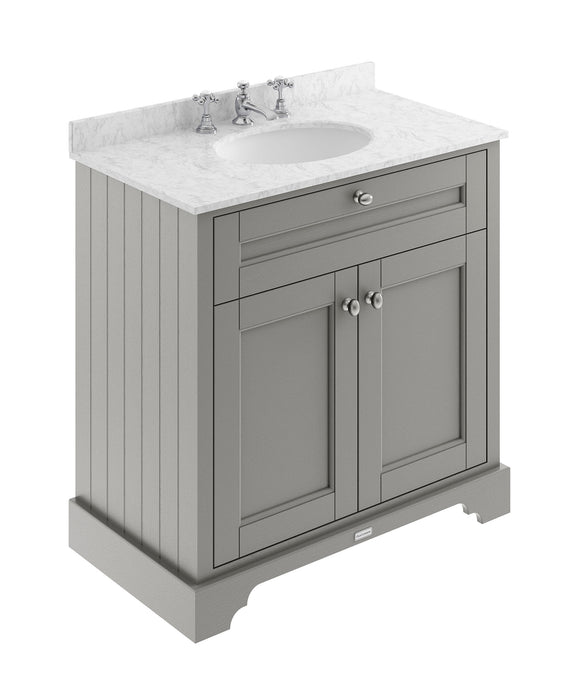 Old London 800mm Storm Grey 2 Door Floor Standing Cabinet With 3 Tap Holes Marble Basin