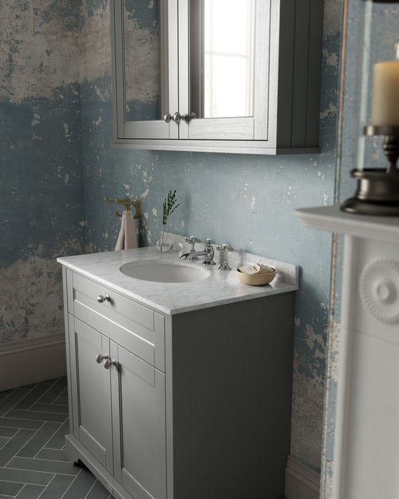 Old London 800mm Storm Grey 2 Door Floor Standing Cabinet With 3 Tap Holes Marble Basin