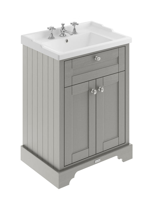 Old London 600mm Storm Grey 2 Door Floor Standing Cabinet With 3 Tap Holes Basin
