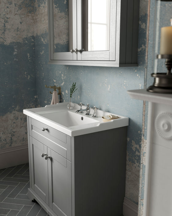 Old London 600mm Storm Grey 2 Door Floor Standing Cabinet With 3 Tap Holes Basin