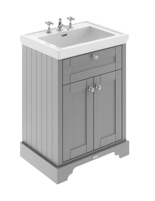 Old London 600mm Storm Grey 2 Door Floor Standing Vanity Unit With 3 Tap Holes Basin