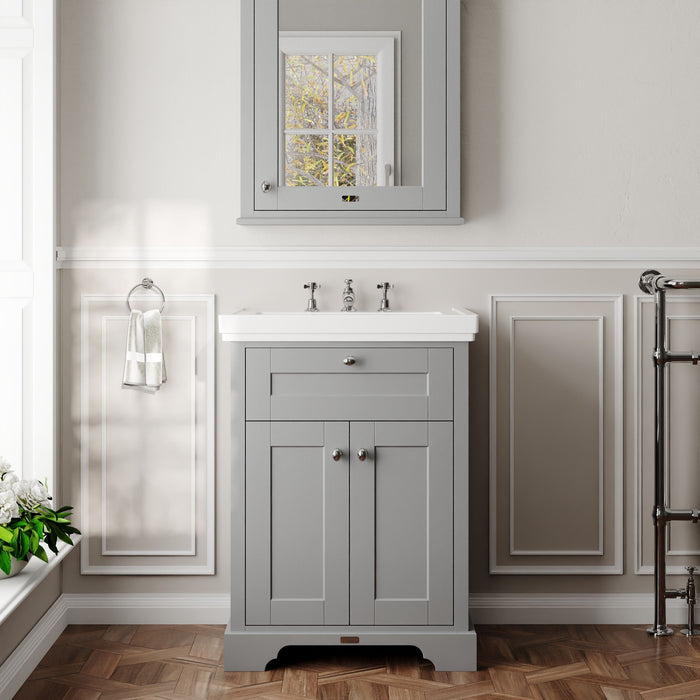 Old London 600mm Storm Grey 2 Door Floor Standing Vanity Unit With 3 Tap Holes Basin