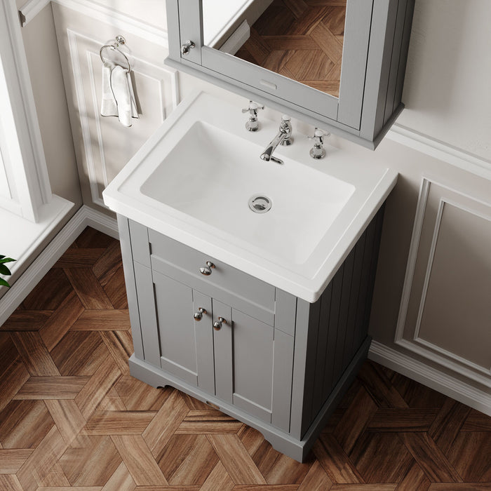 Old London 600mm Storm Grey 2 Door Floor Standing Vanity Unit With 3 Tap Holes Basin