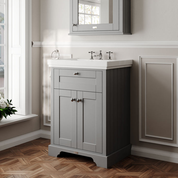 Old London 600mm Storm Grey 2 Door Floor Standing Vanity Unit With 3 Tap Holes Basin
