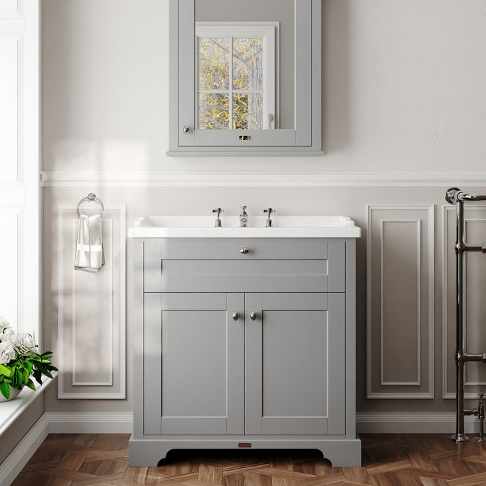Old London 800mm Storm Grey 2 Door Floor Standing Cabinet With 3 Tap Holes Basin
