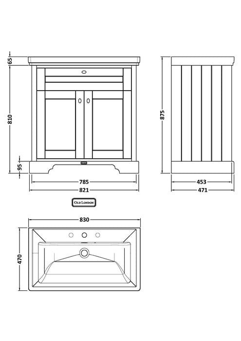 Old London 800mm Storm Grey 2 Door Floor Standing Vanity Unit With 3 Tap Holes Basin