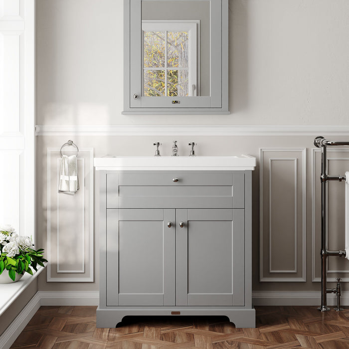 Old London 800mm Storm Grey 2 Door Floor Standing Vanity Unit With 3 Tap Holes Basin