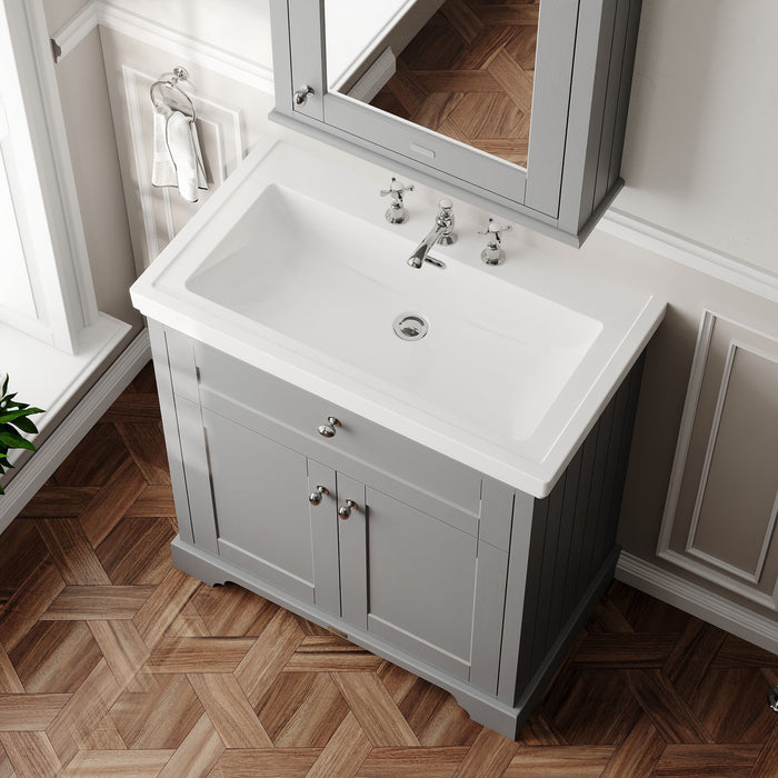 Old London 800mm Storm Grey 2 Door Floor Standing Vanity Unit With 3 Tap Holes Basin