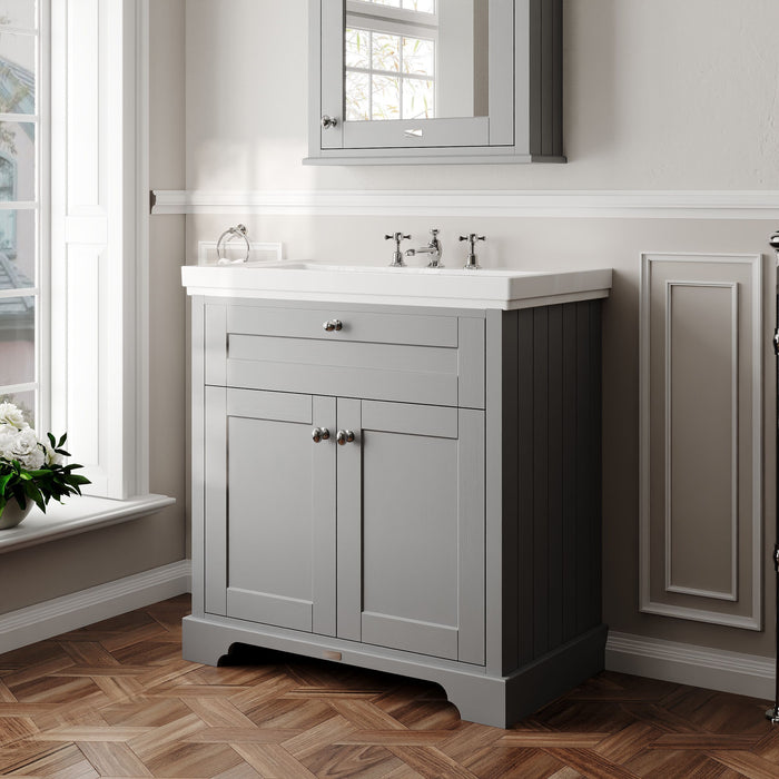 Old London 800mm Storm Grey 2 Door Floor Standing Vanity Unit With 3 Tap Holes Basin