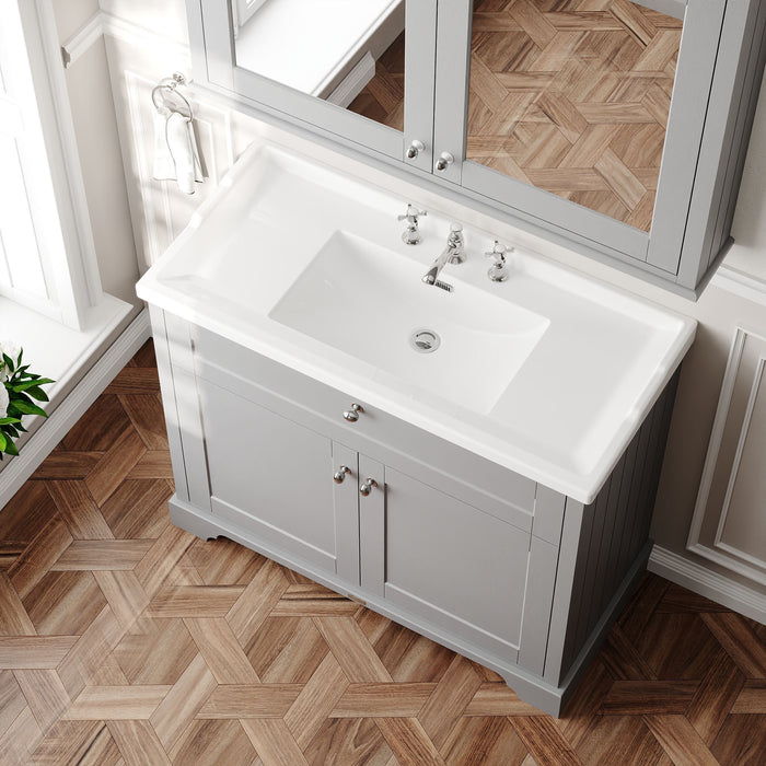 Old London 1000mm Storm Grey 2 Door Floor Standing Cabinet With 3 Tap Holes Basin
