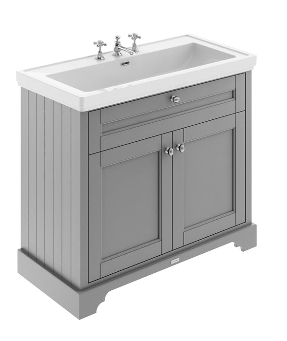 Old London 1000mm Storm Grey 2 Door Floor Standing Vanity Unit With 3 Tap Holes Fireclay Basin