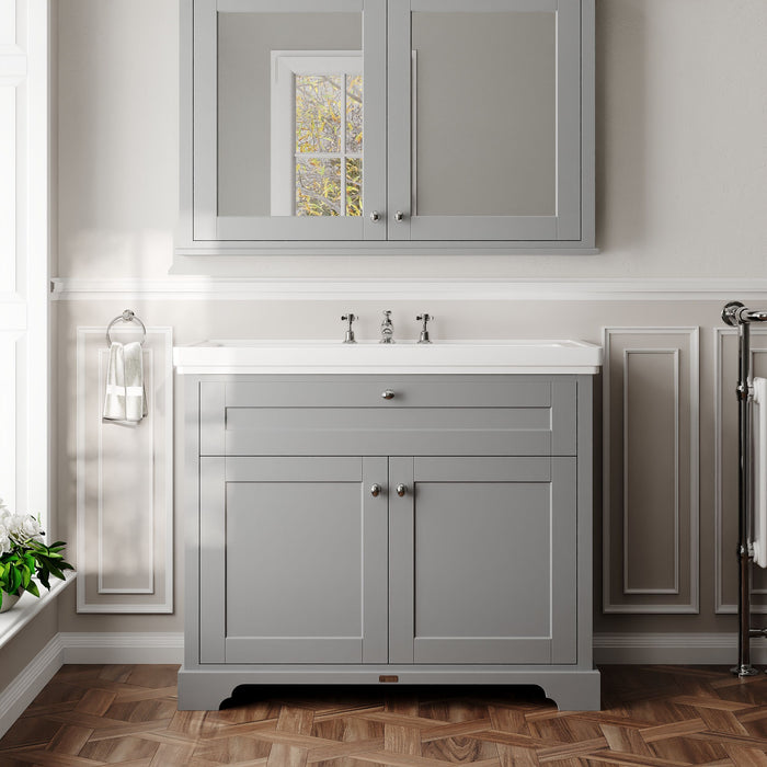 Old London 1000mm Storm Grey 2 Door Floor Standing Vanity Unit With 3 Tap Holes Fireclay Basin