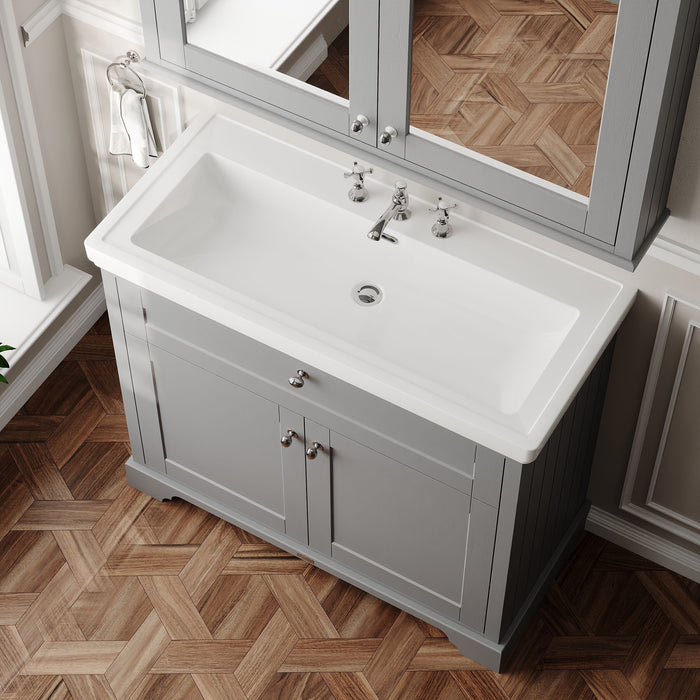 Old London 1000mm Storm Grey 2 Door Floor Standing Vanity Unit With 3 Tap Holes Fireclay Basin