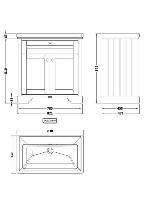 Old London 800mm Storm Grey 2 Door Floor Standing Vanity Unit With Basin