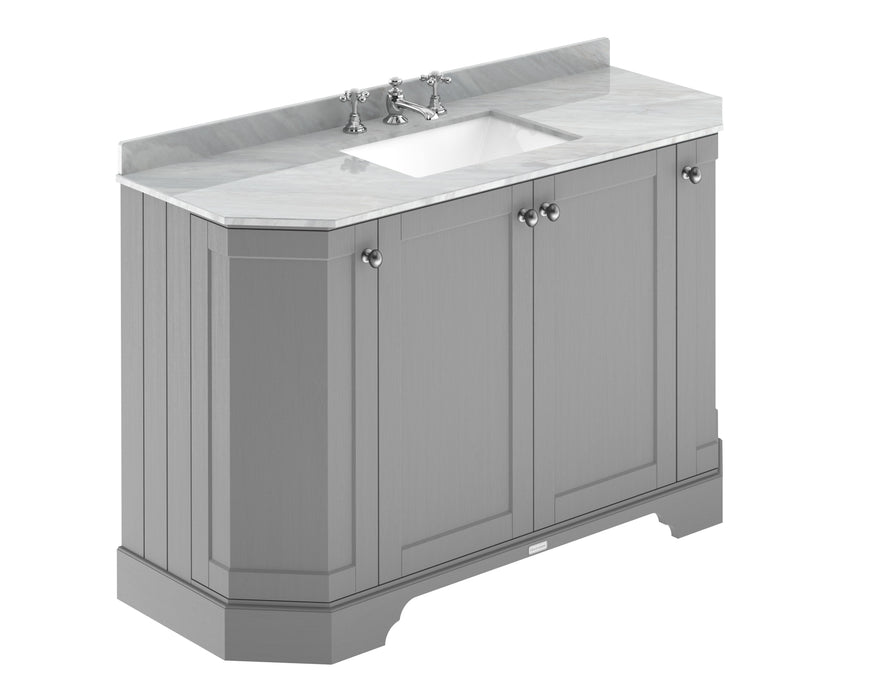 Old London 1200mm Storm Grey 4 Door Floor Standing Angled Vanity Unit With 3 Tap Holes Grey Marble Basin