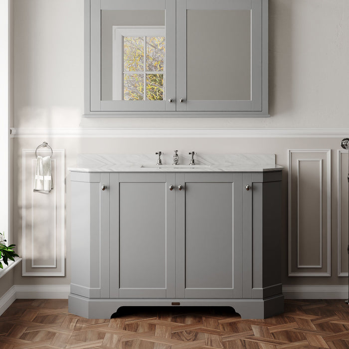 Old London 1200mm Storm Grey 4 Door Floor Standing Angled Vanity Unit With 3 Tap Holes Grey Marble Basin