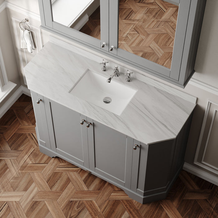 Old London 1200mm Storm Grey 4 Door Floor Standing Angled Vanity Unit With 3 Tap Holes Grey Marble Basin