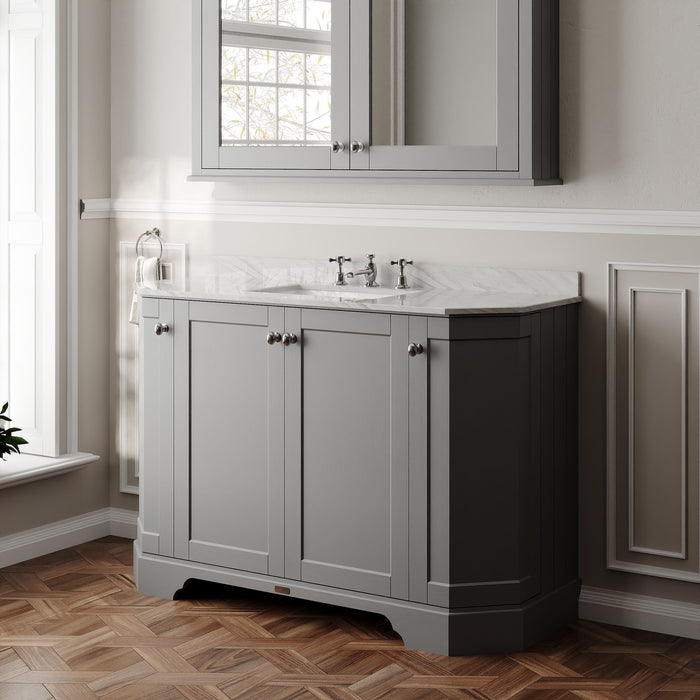 Old London 1200mm Storm Grey 4 Door Floor Standing Angled Vanity Unit With 3 Tap Holes Grey Marble Basin