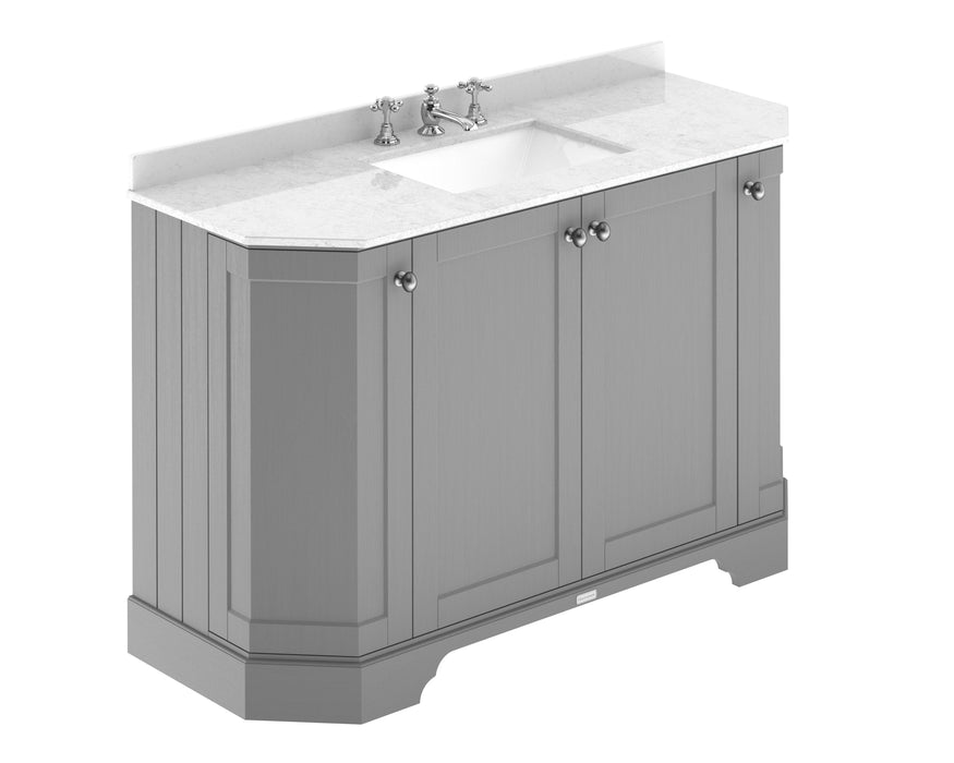 Old London 1200mm Storm Grey 4 Door Floor Standing Angled Vanity Unit With 3 Tap Holes White Marble Basin