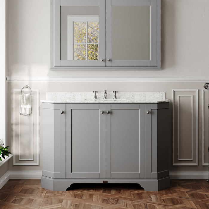 Old London 1200mm Storm Grey 4 Door Floor Standing Angled Vanity Unit With 3 Tap Holes White Marble Basin