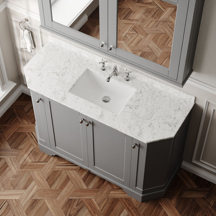 Old London 1200mm Storm Grey 4 Door Floor Standing Angled Vanity Unit With 3 Tap Holes White Marble Basin