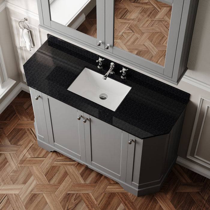 Old London 1200mm Storm Grey 4 Door Floor Standing Angled Vanity Unit With 3 Tap Holes Black Marble Basin