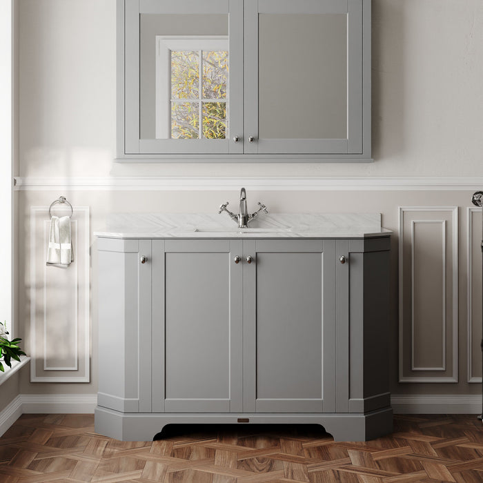 Old London 1200mm Storm Grey 4 Door Floor Standing Angled Vanity Unit With 1 Tap Hole Grey Marble Basin