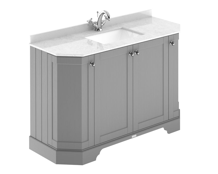 Old London 1200mm Storm Grey 4 Door Floor Standing Angled Vanity Unit With 1 Tap Hole White Marble Basin