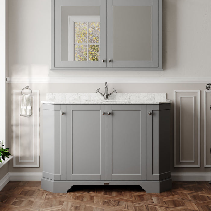 Old London 1200mm Storm Grey 4 Door Floor Standing Angled Vanity Unit With 1 Tap Hole White Marble Basin
