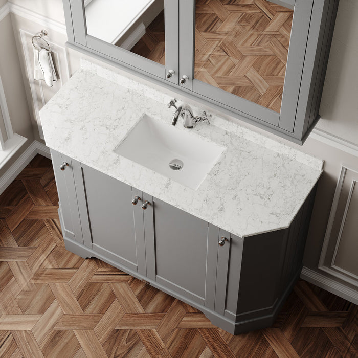 Old London 1200mm Storm Grey 4 Door Floor Standing Angled Vanity Unit With 1 Tap Hole White Marble Basin