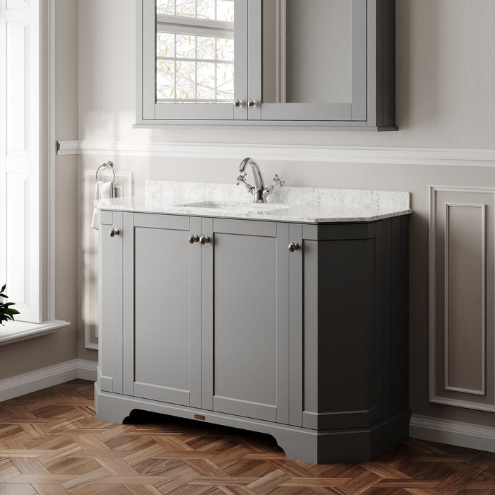 Old London 1200mm Storm Grey 4 Door Floor Standing Angled Vanity Unit With 1 Tap Hole White Marble Basin