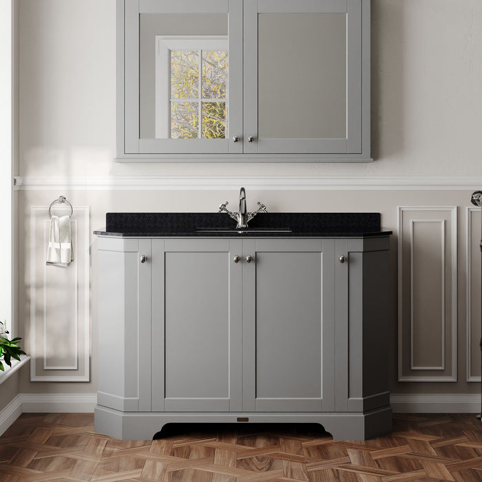Old London 1200mm Storm Grey 4 Door Floor Standing Angled Vanity Unit With 1 Tap Hole Black Marble Basin