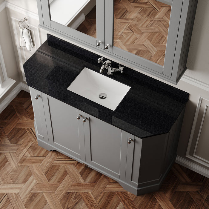 Old London 1200mm Storm Grey 4 Door Floor Standing Angled Vanity Unit With 1 Tap Hole Black Marble Basin