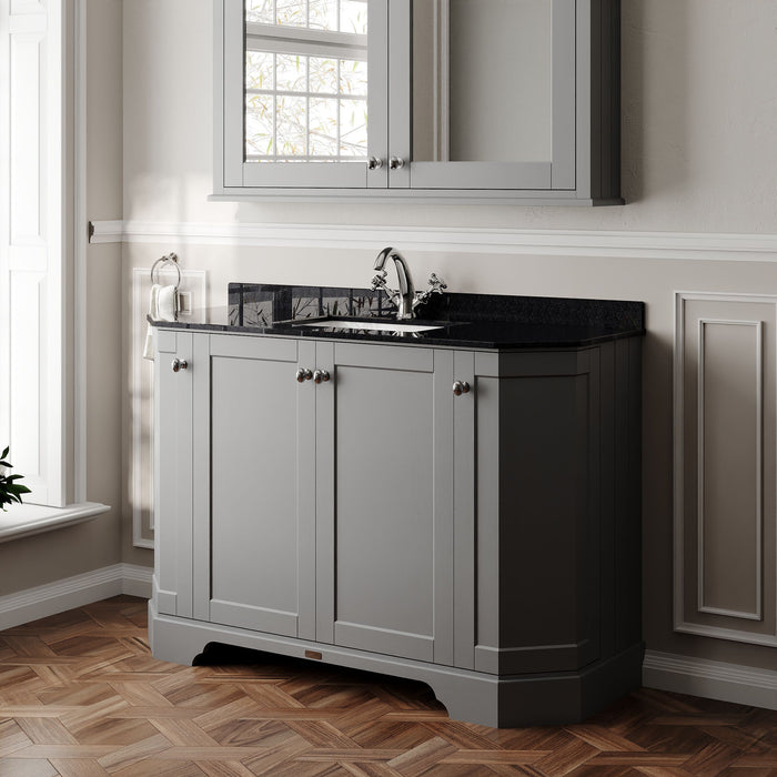 Old London 1200mm Storm Grey 4 Door Floor Standing Angled Vanity Unit With 1 Tap Hole Black Marble Basin