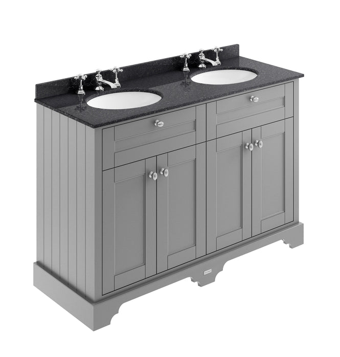 Old London 1200mm Storm Grey 4 Door Floor Standing Cabinet With 6 Tap Holes Twin Black Marble Basin