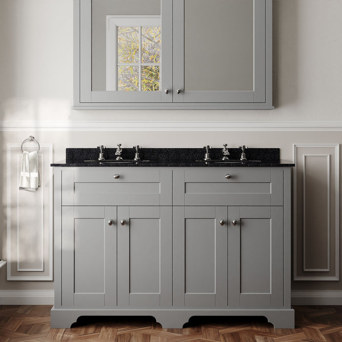 Old London 1200mm Storm Grey 4 Door Floor Standing Cabinet With 6 Tap Holes Twin Black Marble Basin